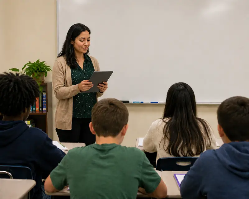A teacher standing at the front of a class holding a tablet