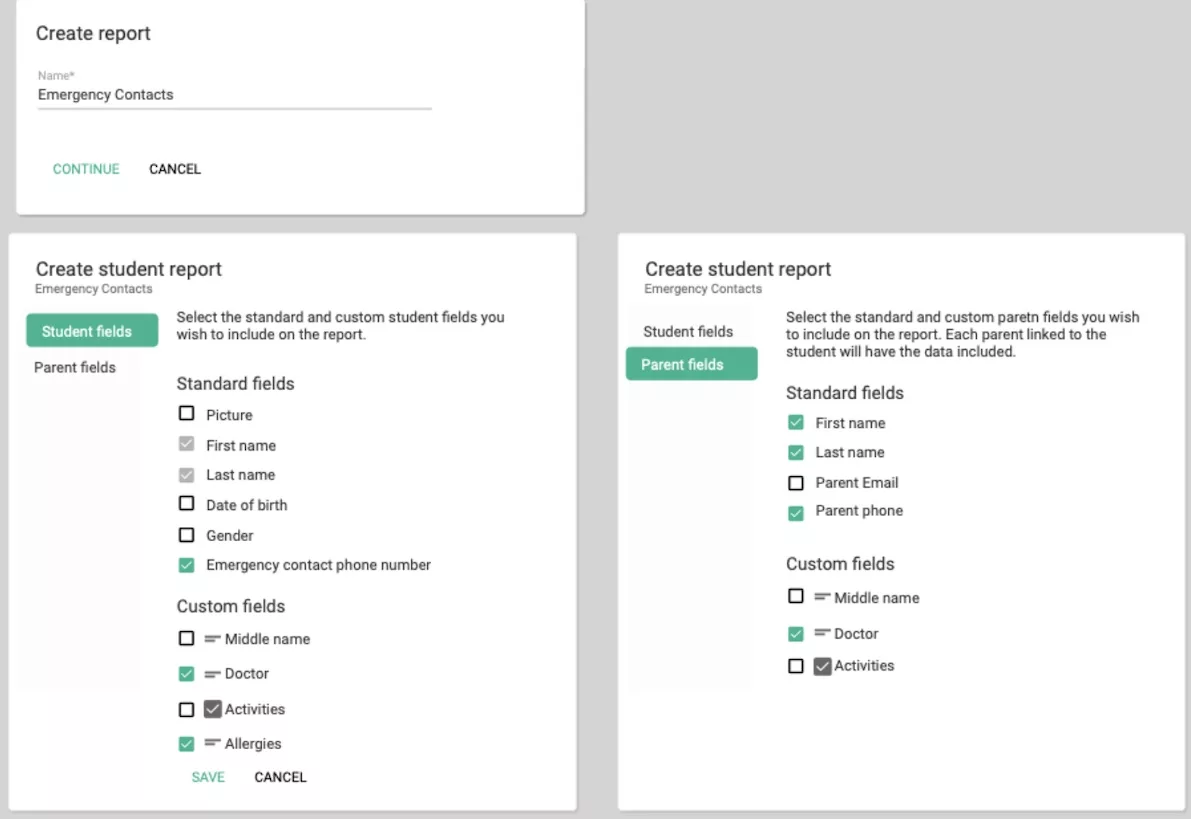 Building a TUIO student report by ticking the student, parent and custom fields to include, such as emergency contact phone, doctor and allergies
