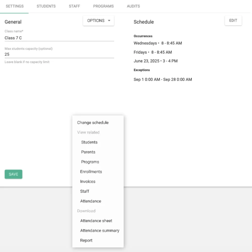 A TUIO class with a capacity of 25, its weekly schedule, a dated exception, and downloads for the attendance sheet and summary