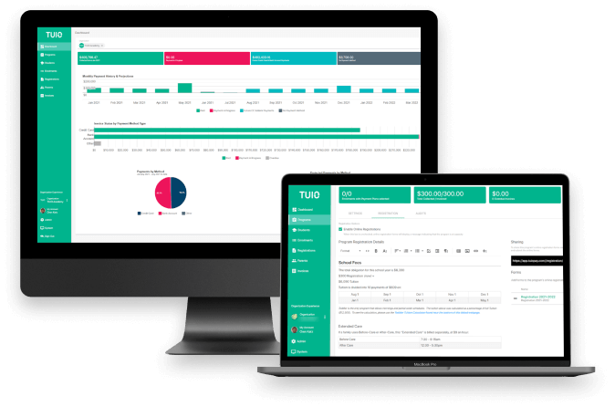 TUIO on a desktop and a laptop, showing payment history and a program registration