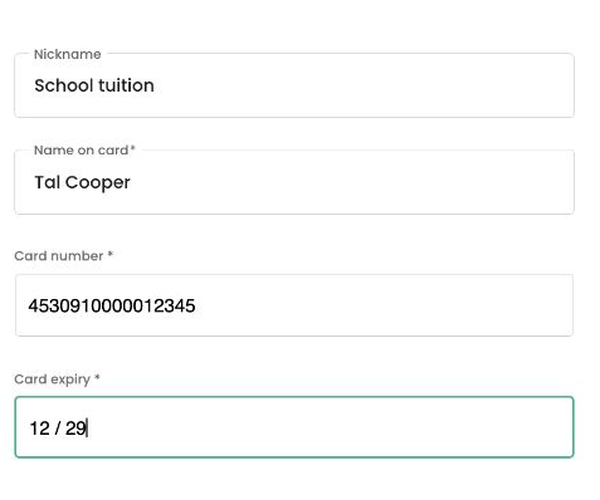 Entering a cardholder name, card number and expiry in the TUIO card form