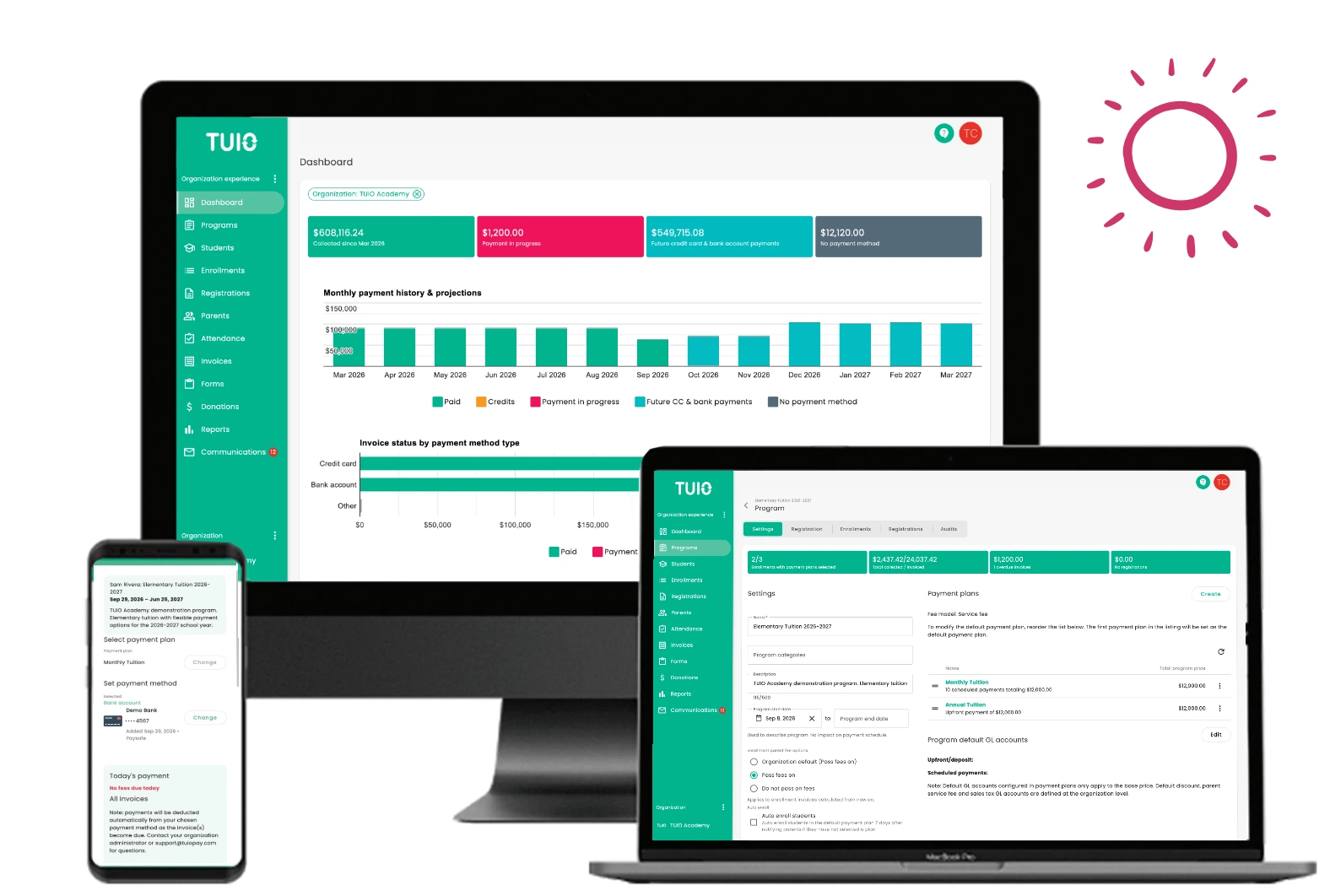 TUIO on a desktop, a laptop and a phone: the dashboard, program settings and a parent's payment view