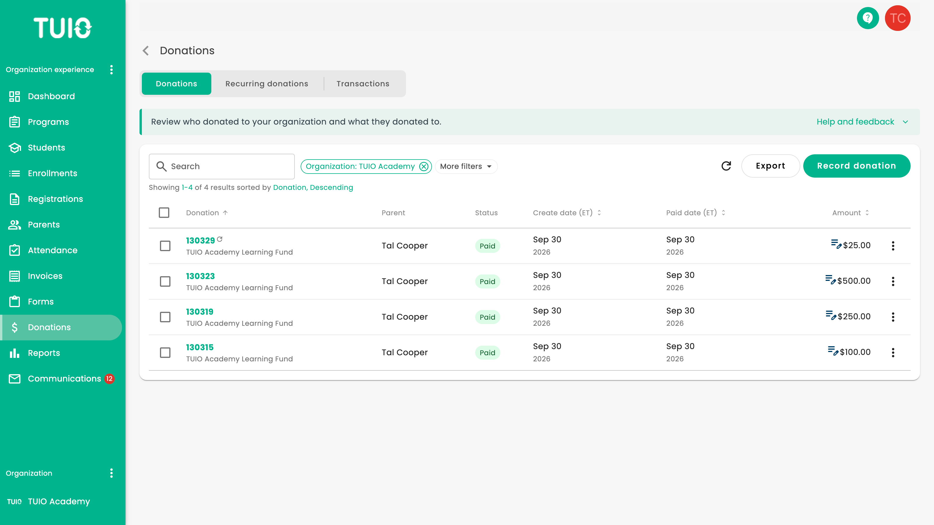 The TUIO donations ledger with paid donations