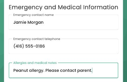 Filling in the allergy and medical notes fields of a TUIO emergency form