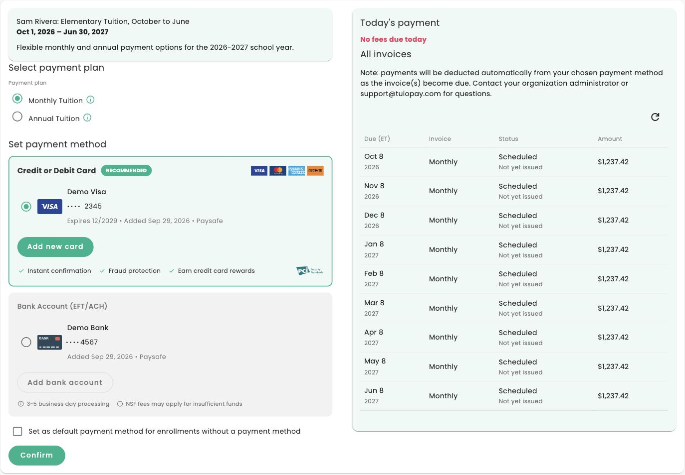 Automated-payments-Gif A parent switching between monthly and annual tuition and between a saved card and bank account in TUIO