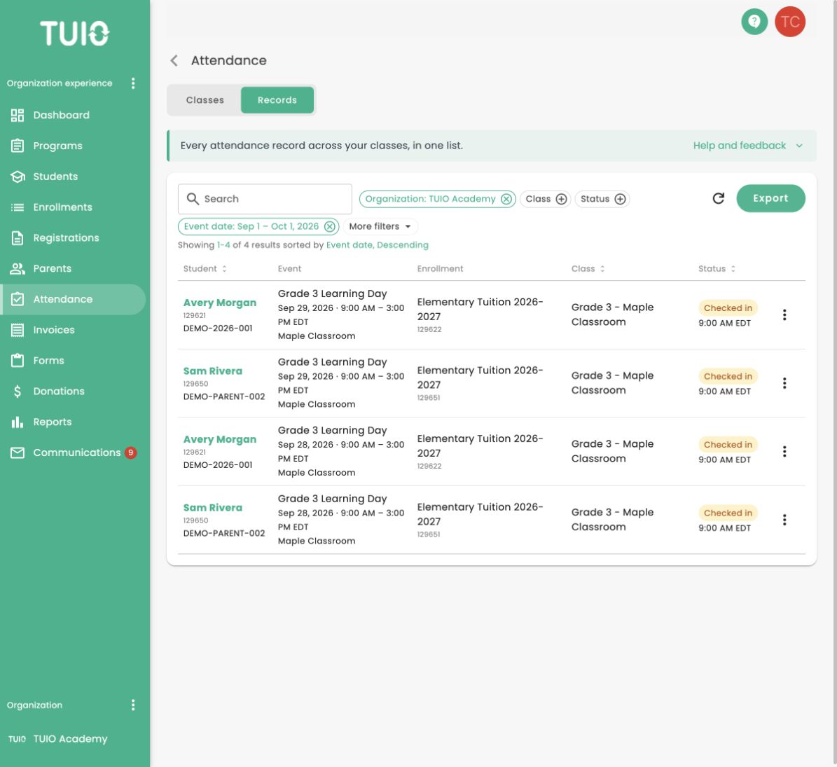The TUIO attendance records list with its export button