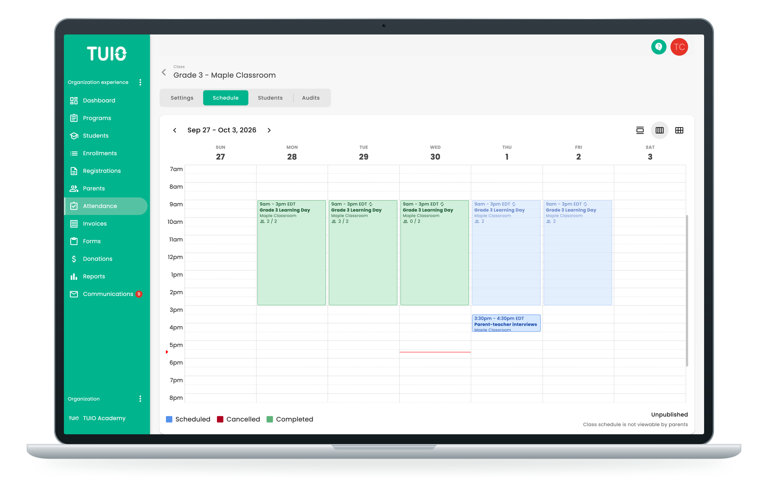 A week of classes in the TUIO calendar, shown on a laptop