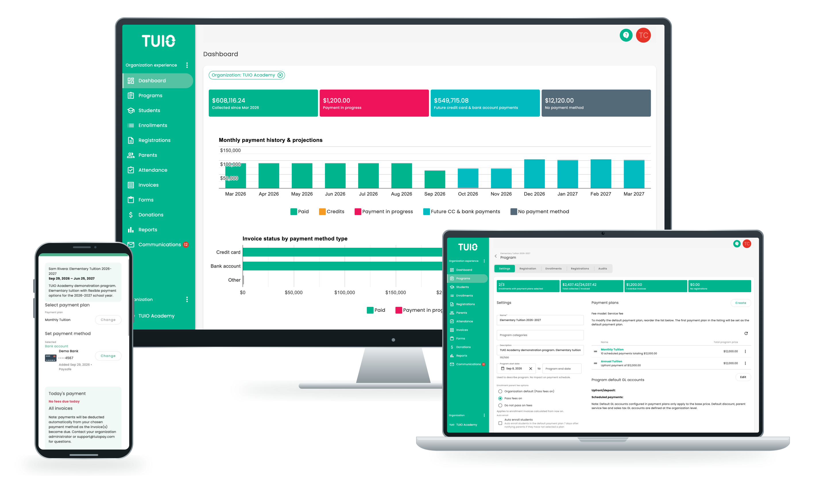 TUIO on a desktop, a laptop and a phone: the dashboard, program settings and a parent's payment view
