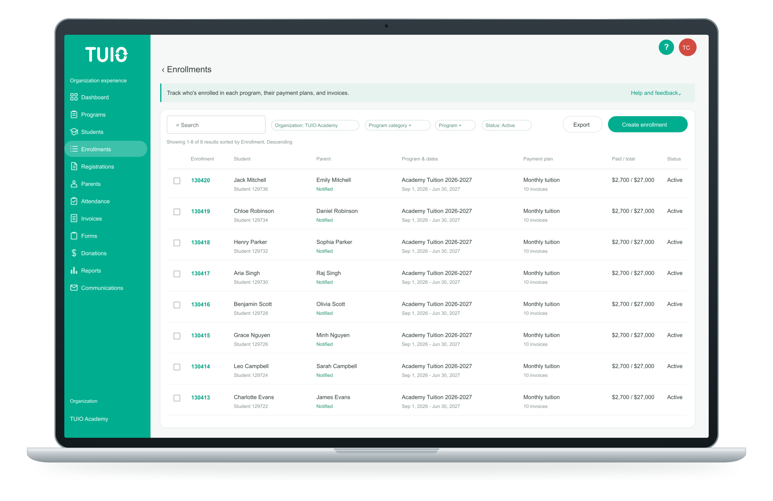 The TUIO enrollments list, shown on a laptop with demonstration families