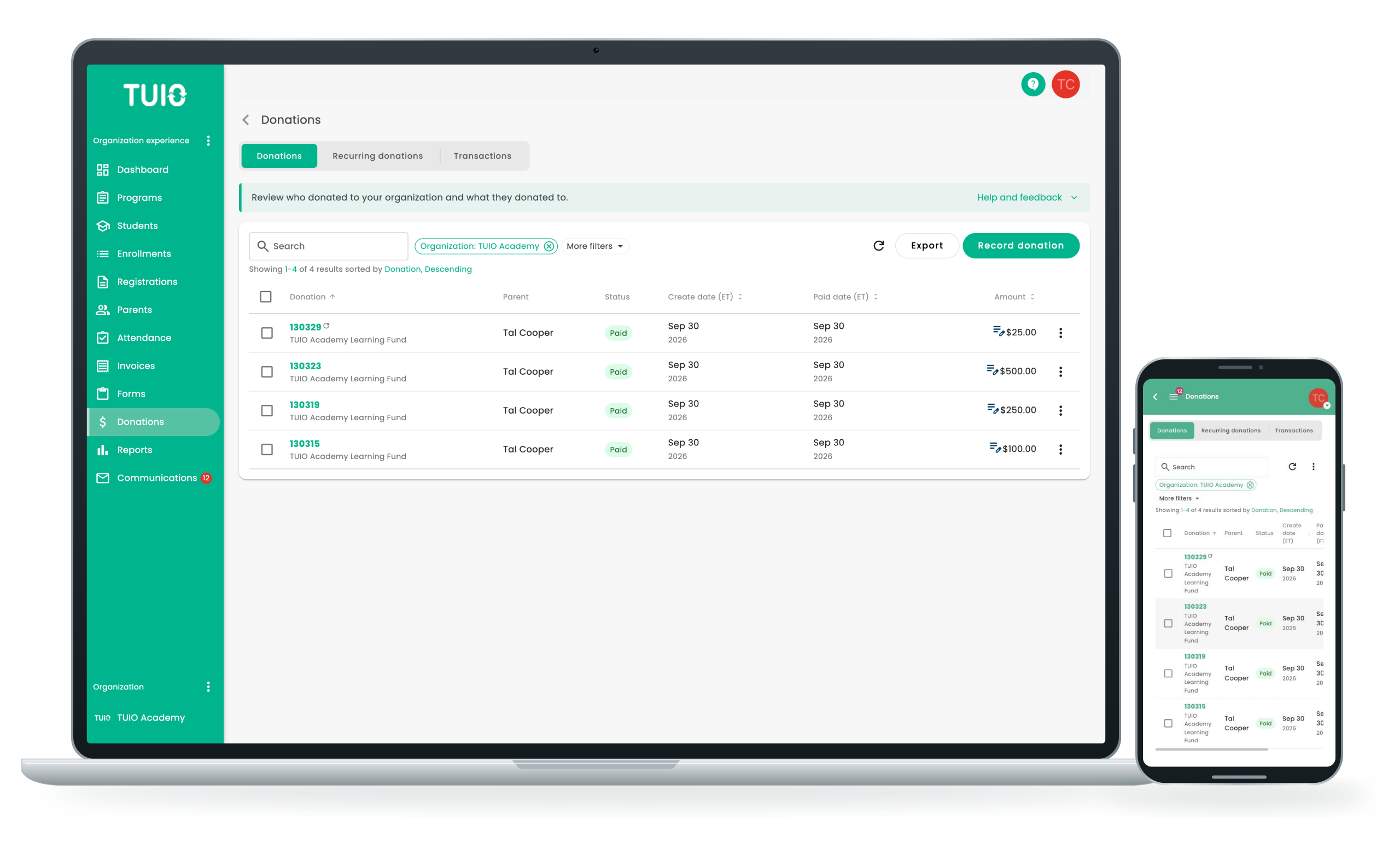 The TUIO donations ledger on a laptop and on a phone