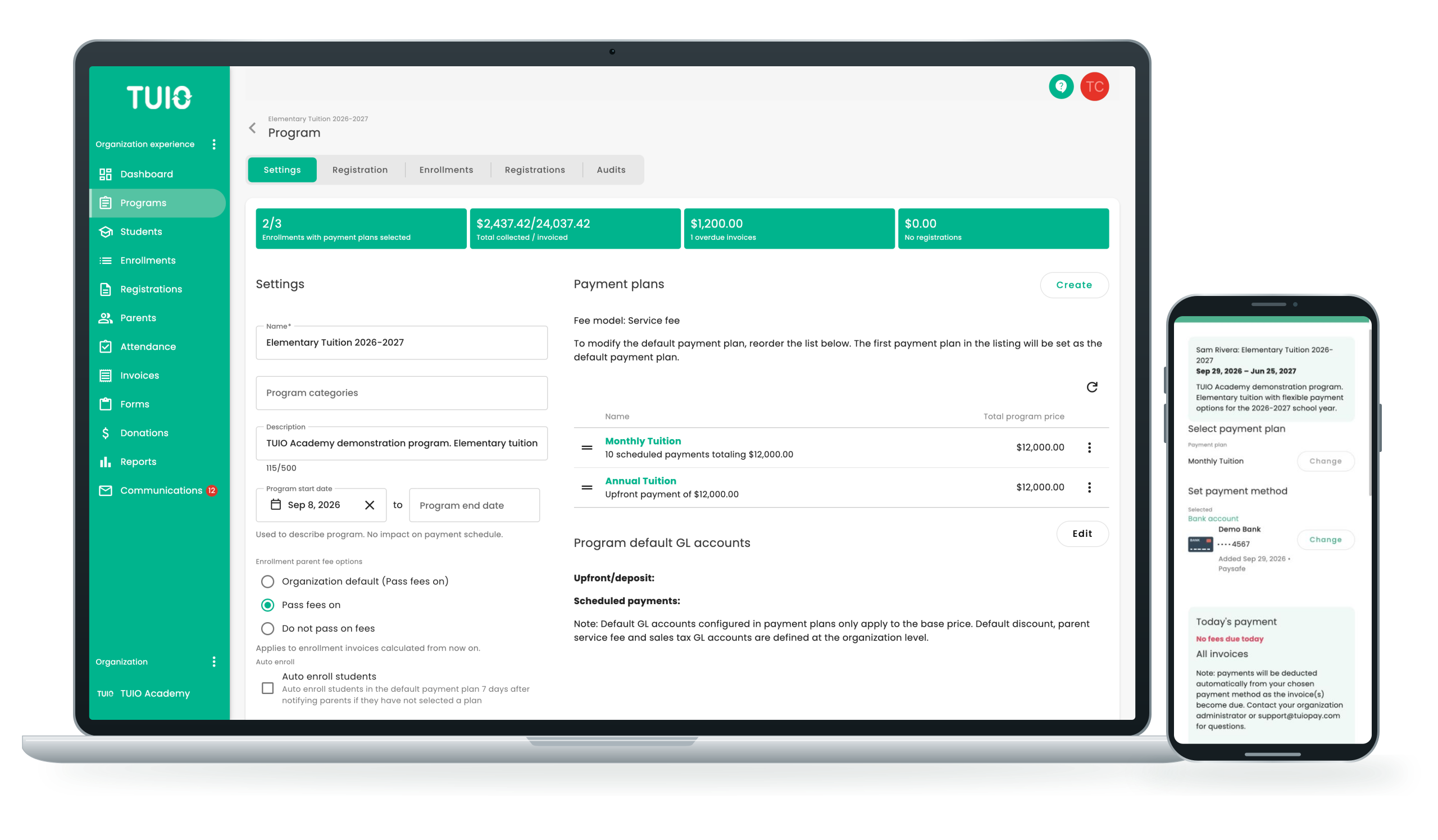 TUIO-tuition-management-software-app TUIO program settings on a laptop, with a parent's payment view on a phone