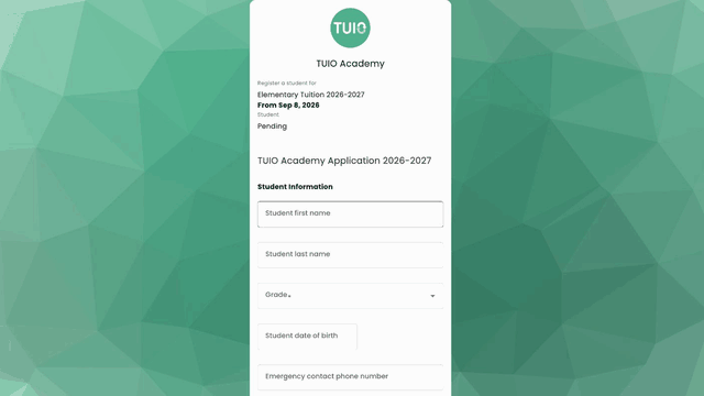 A TUIO registration form, with student information, emergency details and signature steps in the animation