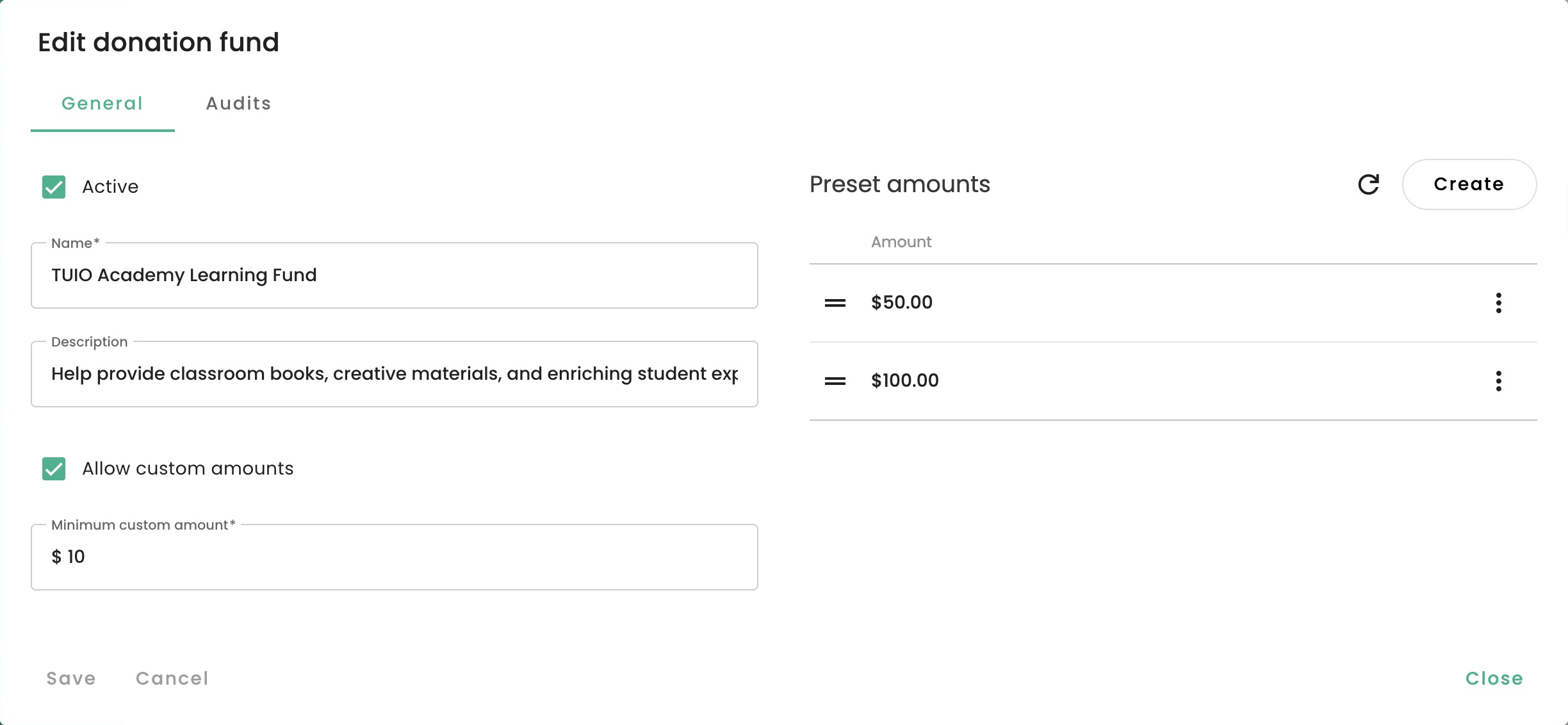 Donation fund settings with preset amounts and an optional custom donation amount