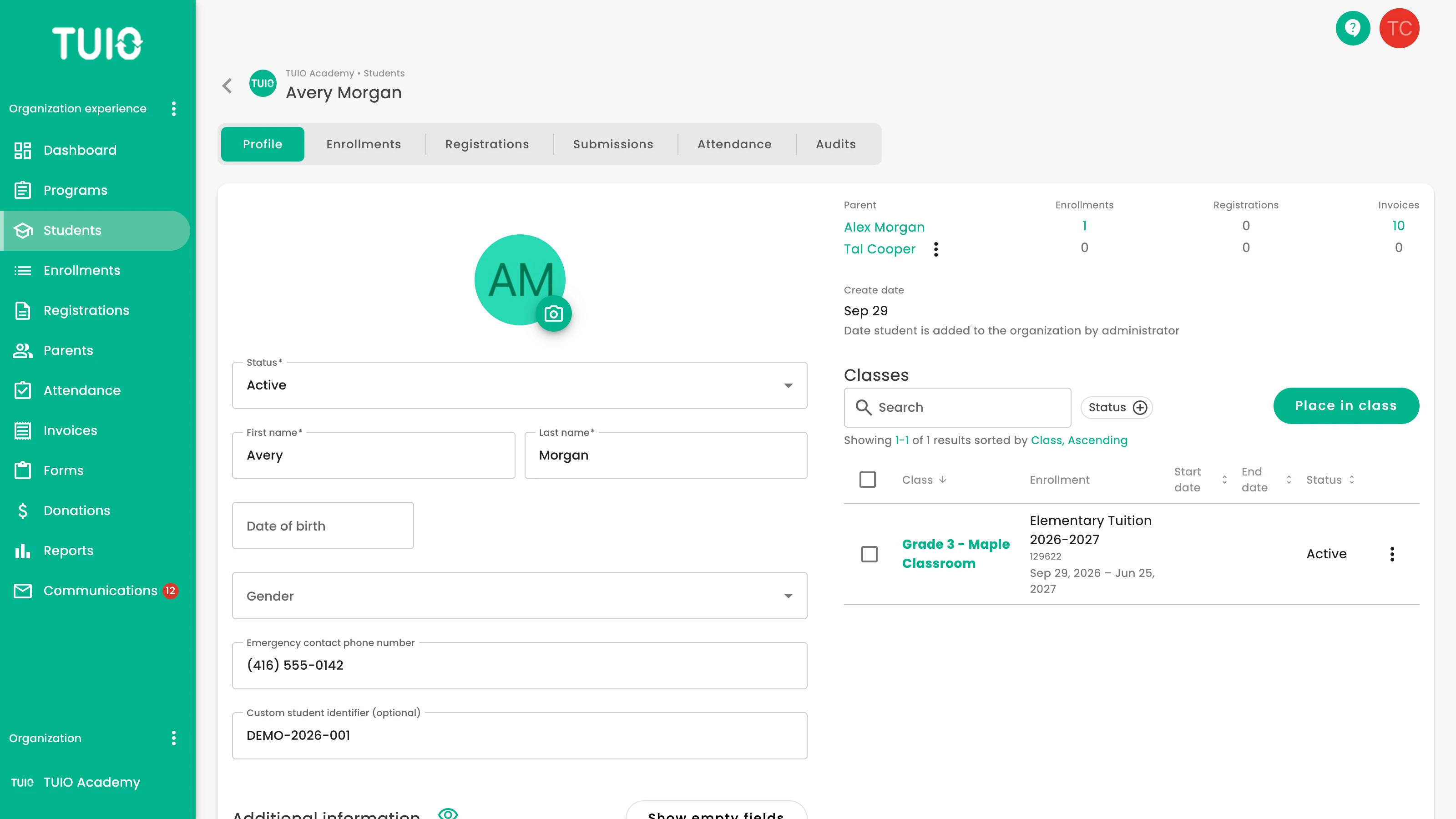 A student profile in TUIO: status, parents, enrollment and class placement