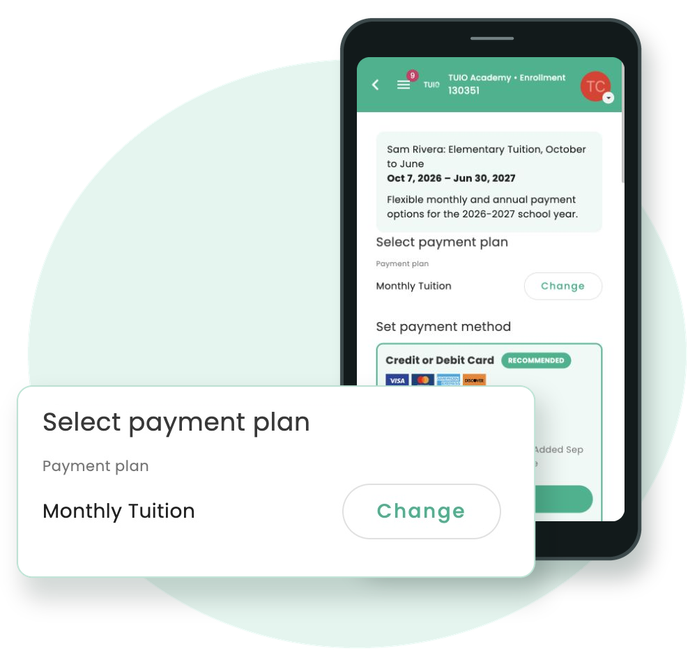 A phone showing the TUIO parent view, with the payment plan choice enlarged beside it