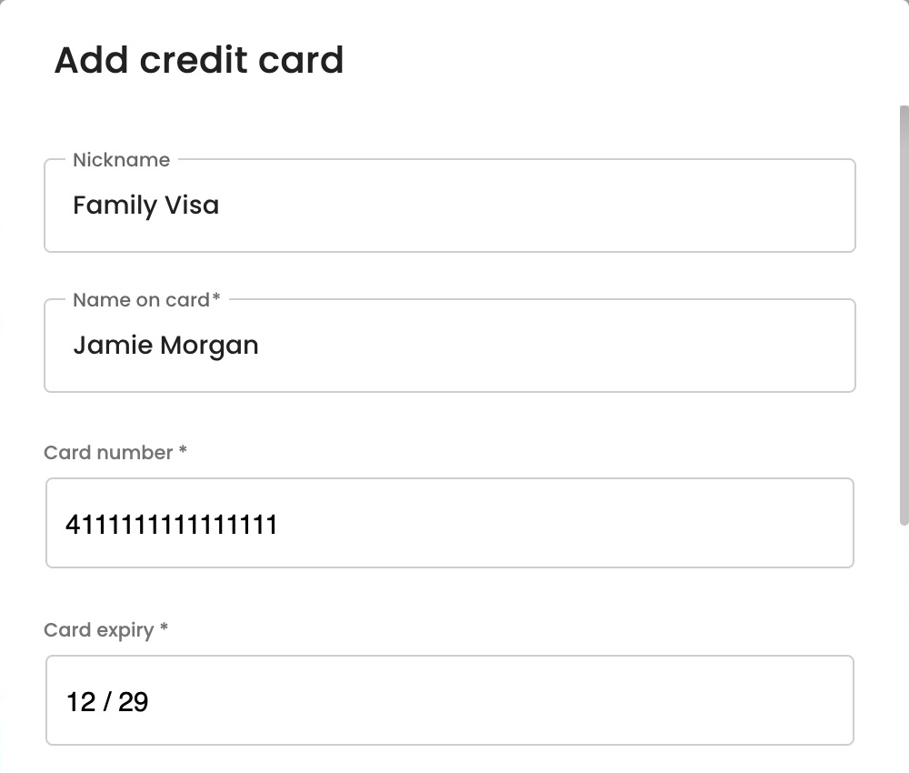 Entering a cardholder name, card number and expiry in the TUIO card form
