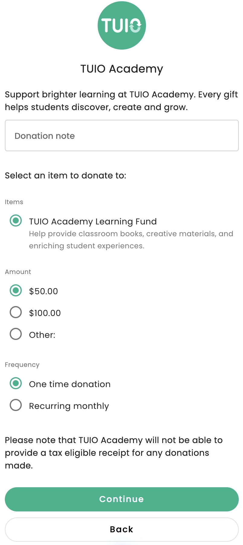 The donation form a donor sees for a school on TUIO: amount, frequency and tax-eligibility note