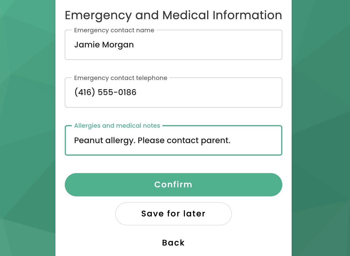 Filling in the emergency contact, allergy and medical notes fields of a TUIO form