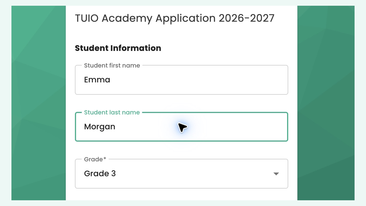 A TUIO registration form, with student information, emergency details and signature steps in the animation