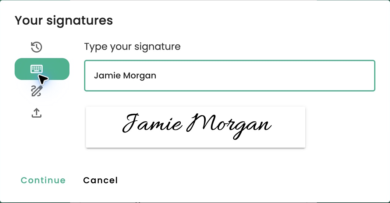 Typing a name to preview an electronic signature in TUIO