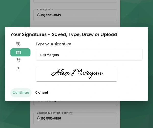 Typing a name to preview an electronic signature in TUIO