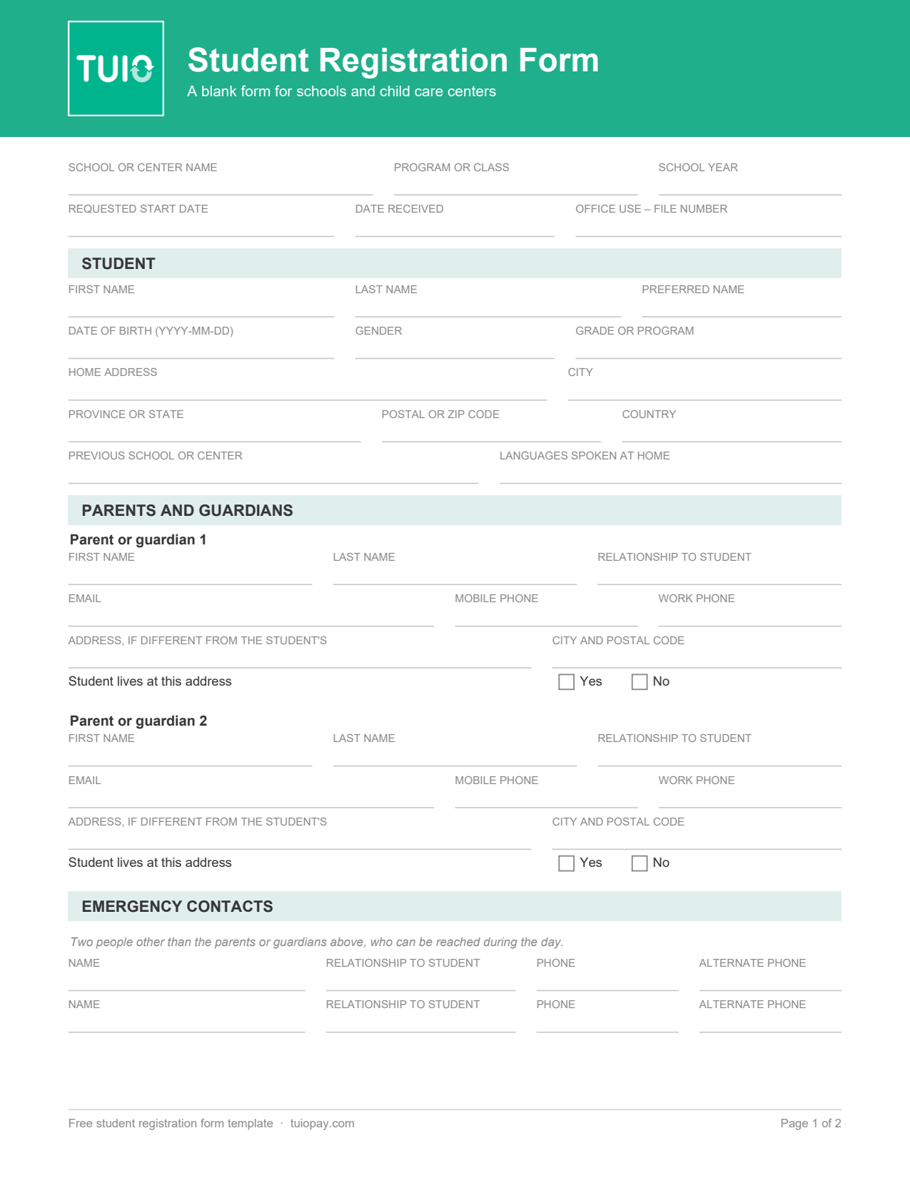 Page one of TUIO’s blank student registration form