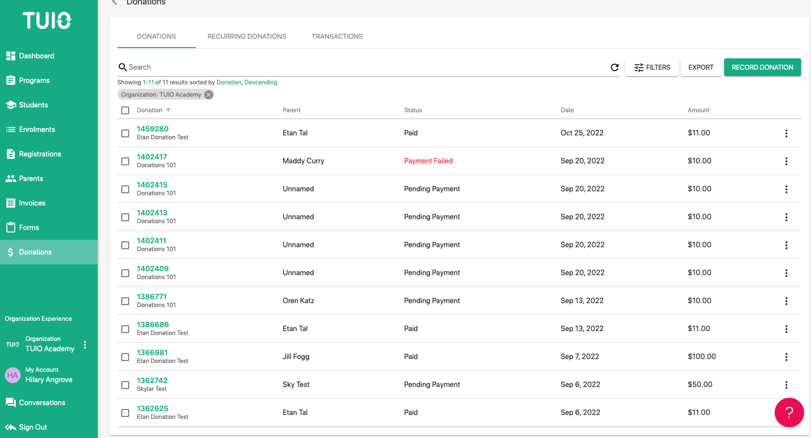 TUIO online school fundraising software dashboard