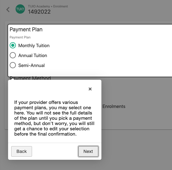 payment plan selection using child care billing system by TUIO