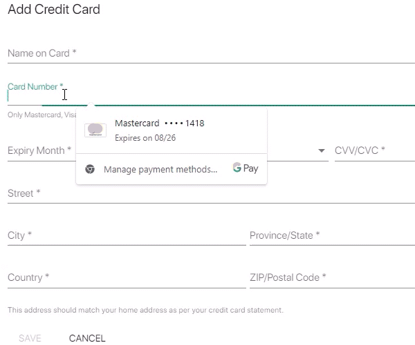 payment information upon registration