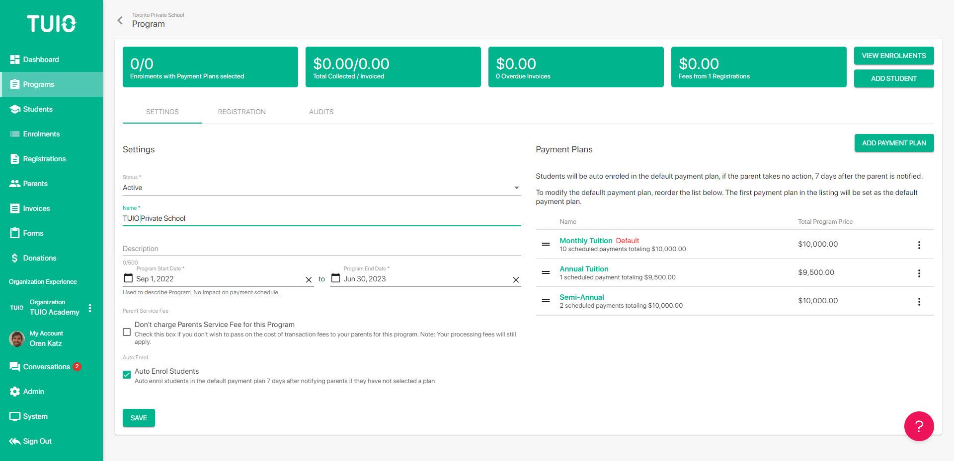 TUIO app for school payments, showing the dashboard