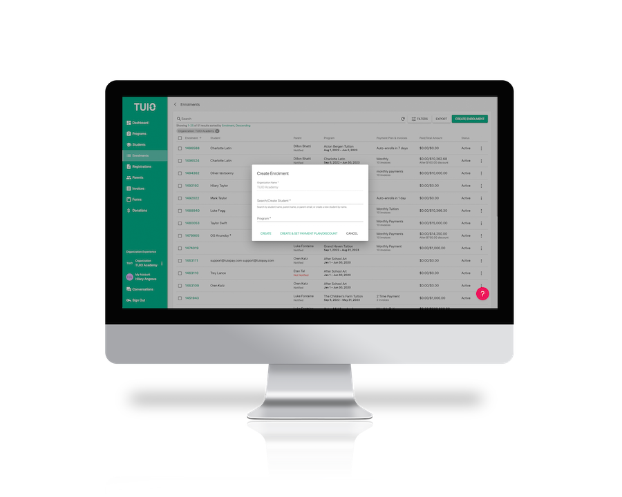 Enrolment management software, TUIO desktop application